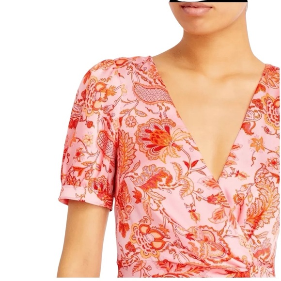 CINQ A SEPT Kay Faux Wrap Floral Print Short Flutter Sleeve MIDI Cocktail Dress - Picture 8 of 15